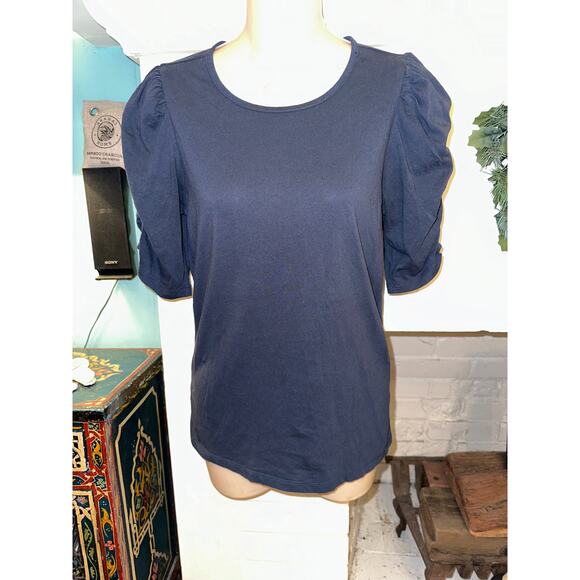 FRAME NAVY RUCHED SLEEVE 100% COTTON TEE S - Picture 4 of 8